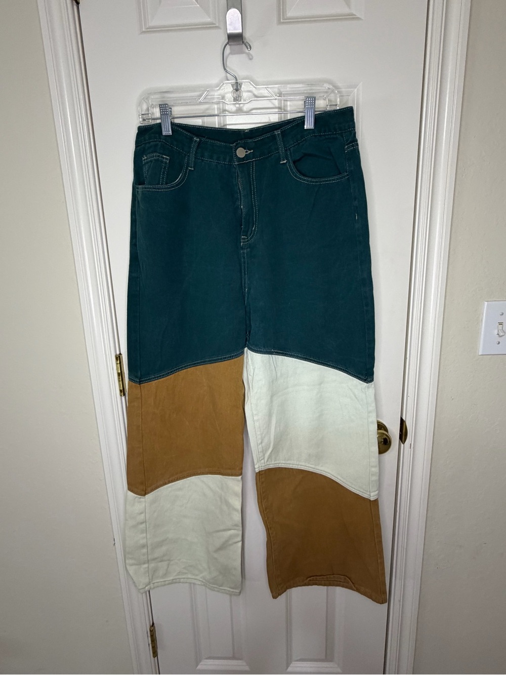 Cider Colorblock Relaxed Wide-Leg Jeans in Teal, Brown, and Cream